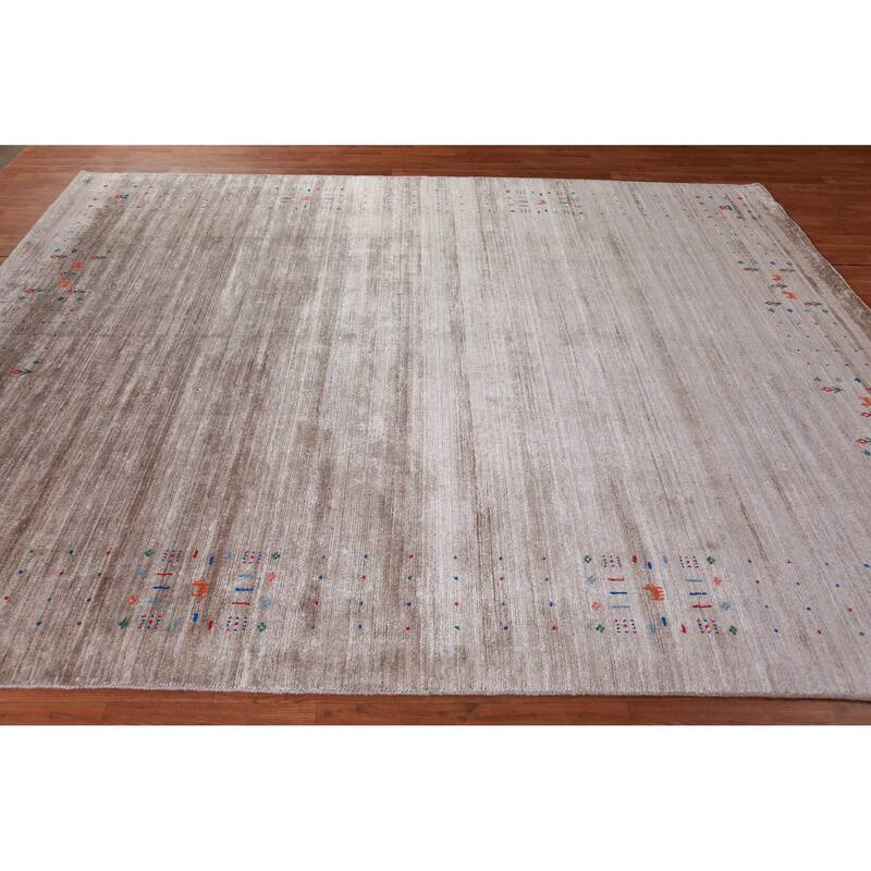 Hand Knotted Oriental 100% Wool Carpet Tribal Stripe Greys & Charcoal Gabbeh Area Rug - 9' 11'' X 7' 11''