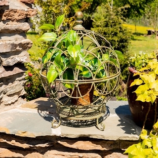 Set of 2 Iron Globe Plant Stands with Antique Green Finish - L-22.85"x29"