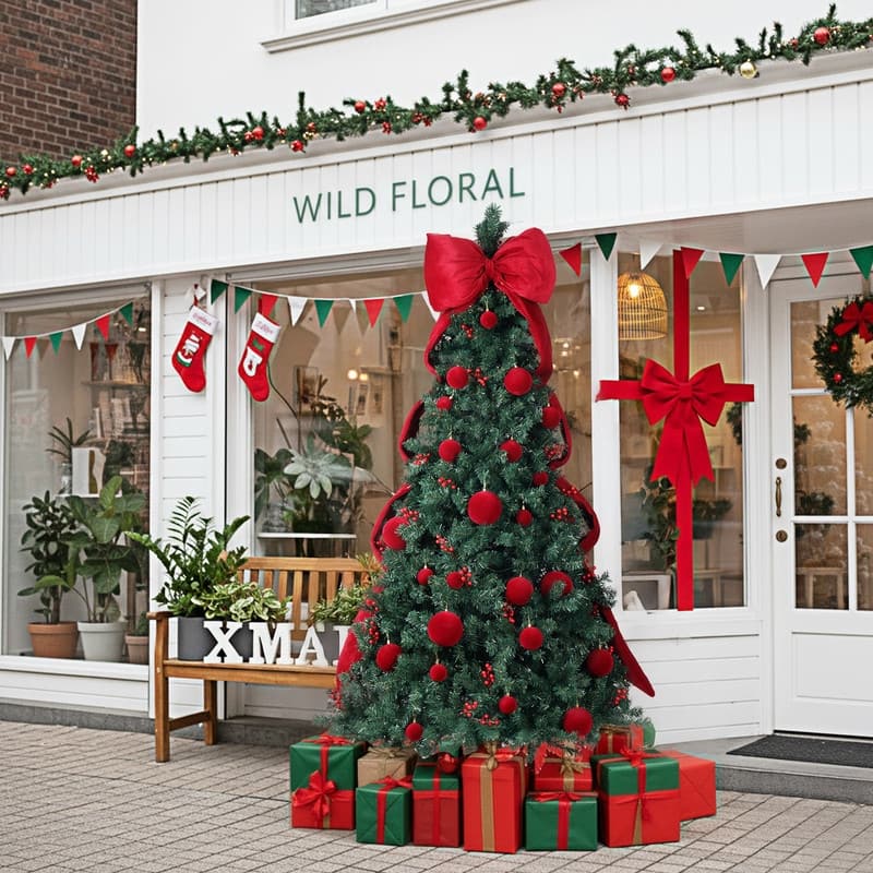 7.5 FT Artificial Christmas Tree with Giant Bowknot and Red Ball Ornament