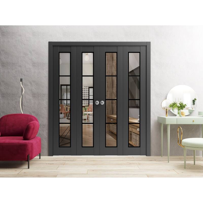 Double Bi-fold Doors Lucia 2466 Matte Black Clear Glass Sturdy Tracks