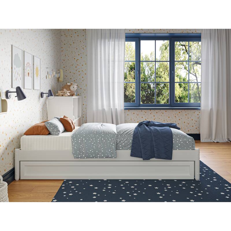 Asian Twin Panel Bed with Trundle - White Platform Bed Frame - Space Saving Design - Hardwood Frame