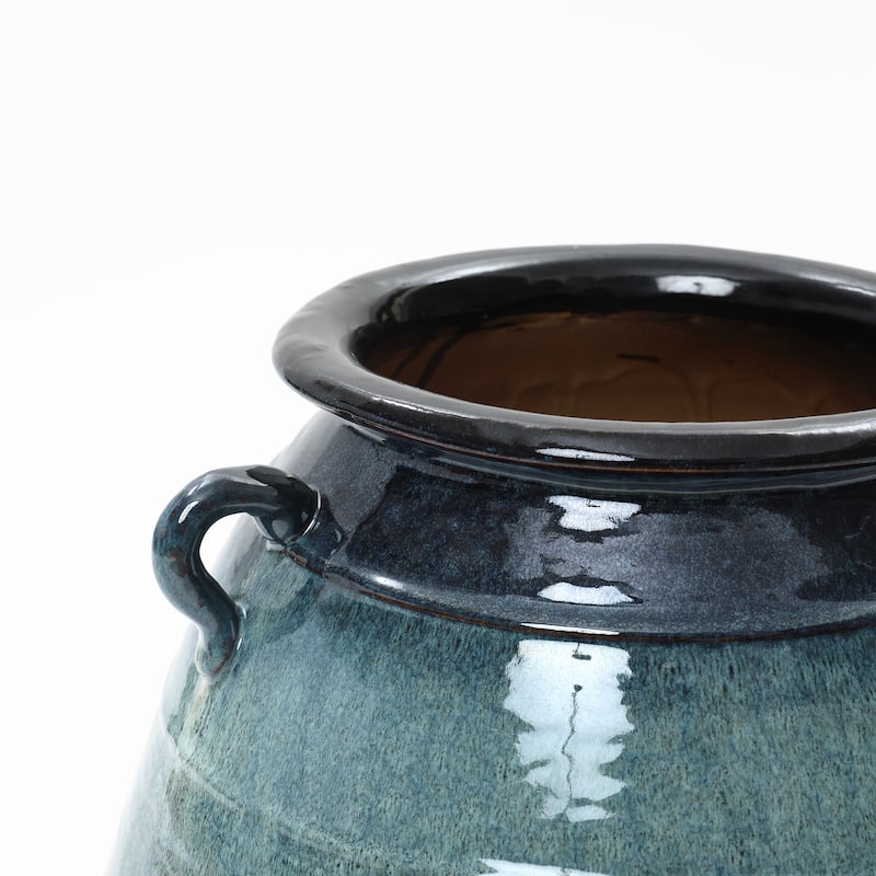 Rippled Blue with Brown Round Ceramic Vase, Home Decor Tabletop & Floor Accent