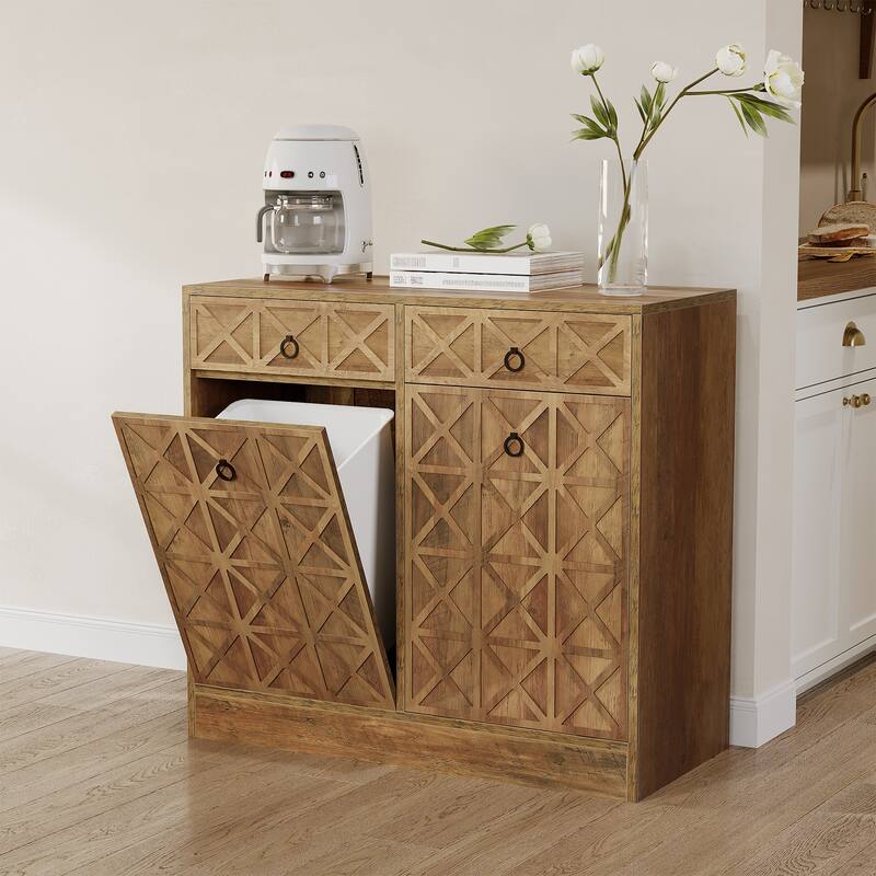 Kitchen Wooden Double Tilt Out Trash Can Cabinet with 2-drawer