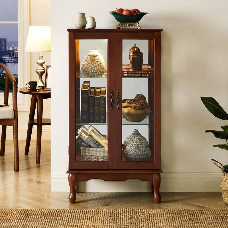 Curio Cabinet Lighted Diapaly Cabinet Wooden Shelving Unit with Adjustable Shelves and Mirrored Back Panel, Tempered Glass Doors