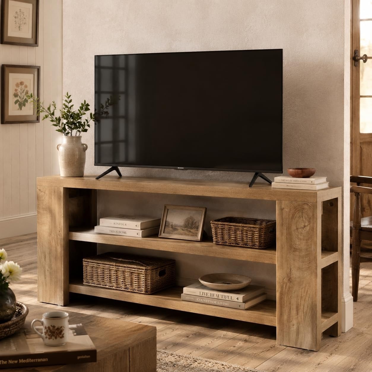 70.9 Inch Farmhouse Wood TV Stand for 65/70/75 Inch TVs with 3-Tier Open Storage Shelves