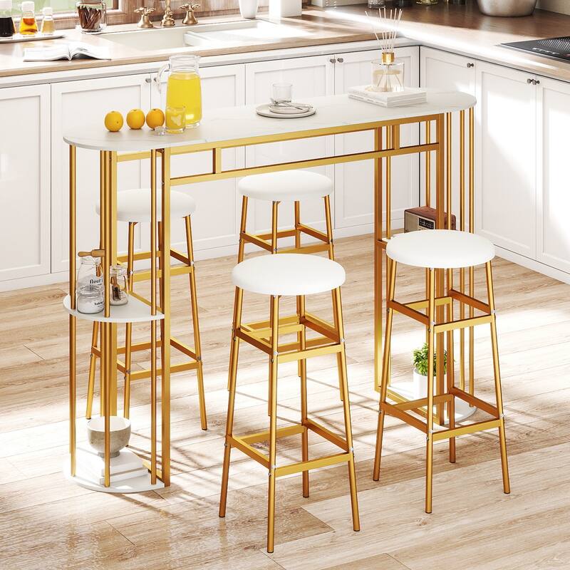 Gymax 60'' Long Bar Table Narrow Pub Table w/Faux Marble Tabletop &