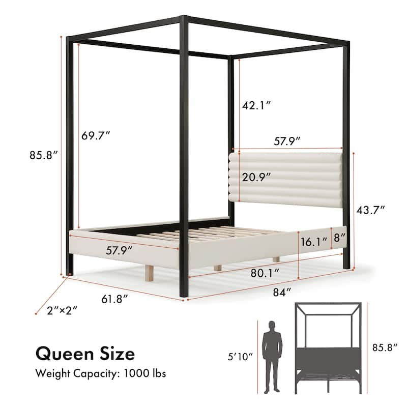 DH Basic Modern Metal Canopy Queen Platform Bed with Channel Tufted Upholstered Headboard by Denhour
