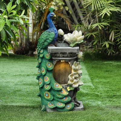 Resin Blue and Green Peacock Outdoor Fountain with LED Light - 31.9" Hx 15.4" W x 11" D