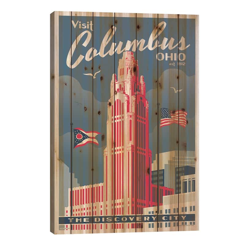 Columbus Travel Poster Print On Wood by Jim Zahniser - Multi-Color - 26x18x1.5