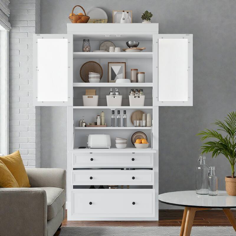 78" Freestanding Kitchen Pantry Cabinet with 3 Drawers, Glass Doors, Adjustable Shelves and Built-In Power Outlet