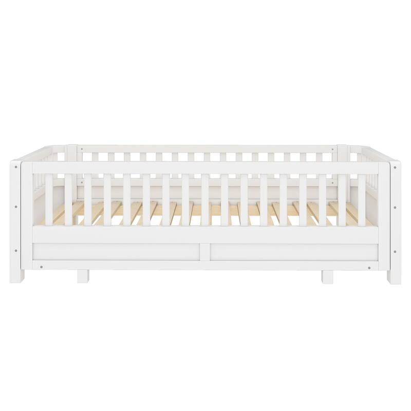 Twin XL/Twin Size Platform Bed with Guardrails, Converts to Queen Size Solid Wood Frame