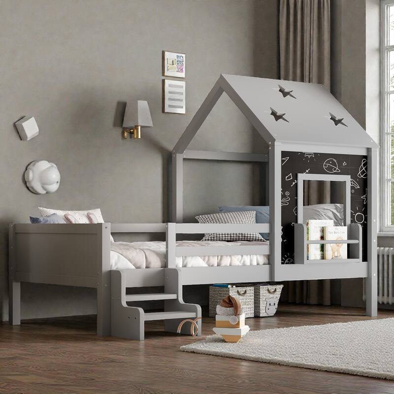 Kids House Platform Bed with Stairs, Star Roof, Window, Bookcase & Blackboard, Solid Wood Low Profile Bed No Box Spring