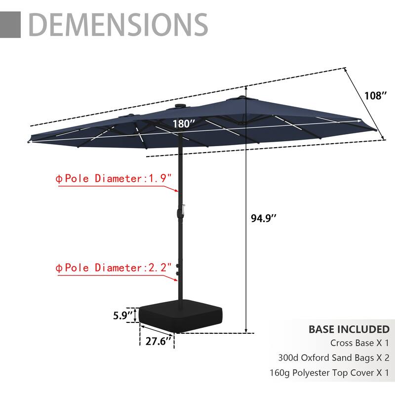 15FT Solar LED Double-Sided Patio Umbrella with Base, 12 Light Strips, 2000mAh