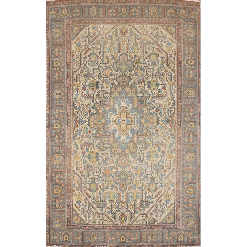 Hand Knotted Oriental 100% Wool Carpet Traditional Medallion Beige & Ivories Tabriz Area Rug - 9' 1'' X 6' 3''