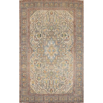 Hand Knotted Oriental 100% Wool Carpet Traditional Medallion Beige & Ivories Tabriz Area Rug - 9' 1'' X 6' 3''