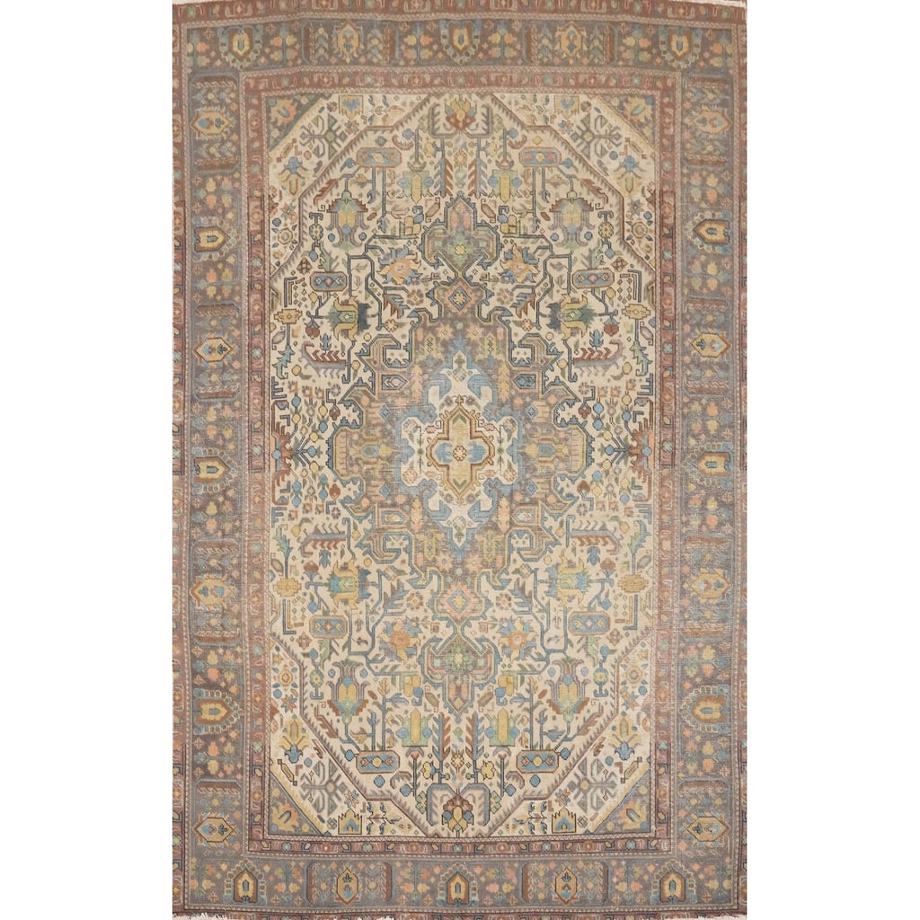 Hand Knotted Oriental 100% Wool Carpet Traditional Medallion Beige & Ivories Tabriz Area Rug - 9' 1'' X 6' 3''
