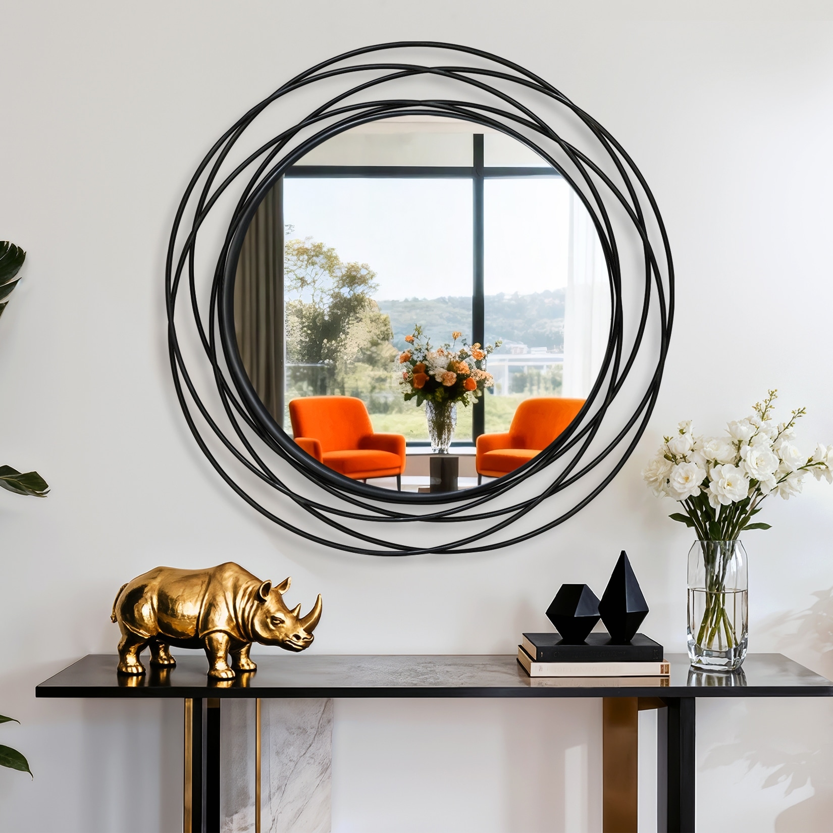 BoConceptラウンドミラー ブラック Large Round Wall Mirror Black Circle Mirror for Wall with Art