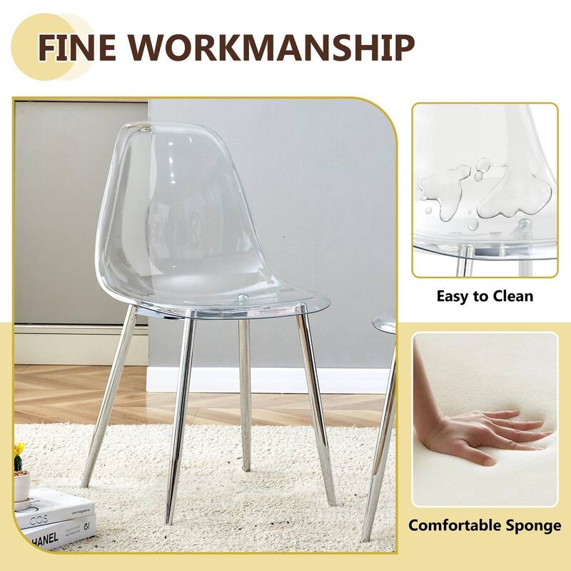 Set of 5 Piece Round Glass Dining Table and 4 Transparent Plastic Chairs X Shaped Metal Base