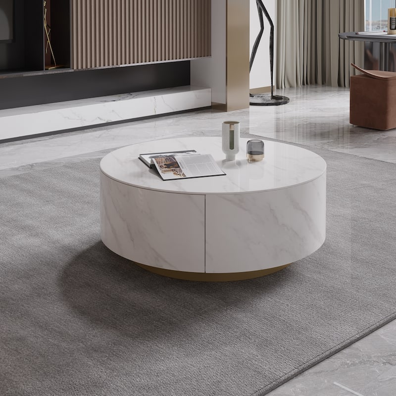 Modern Round Coffee Table with 2 Drawers, Sintered Stone Tabletop and Golden Base - White