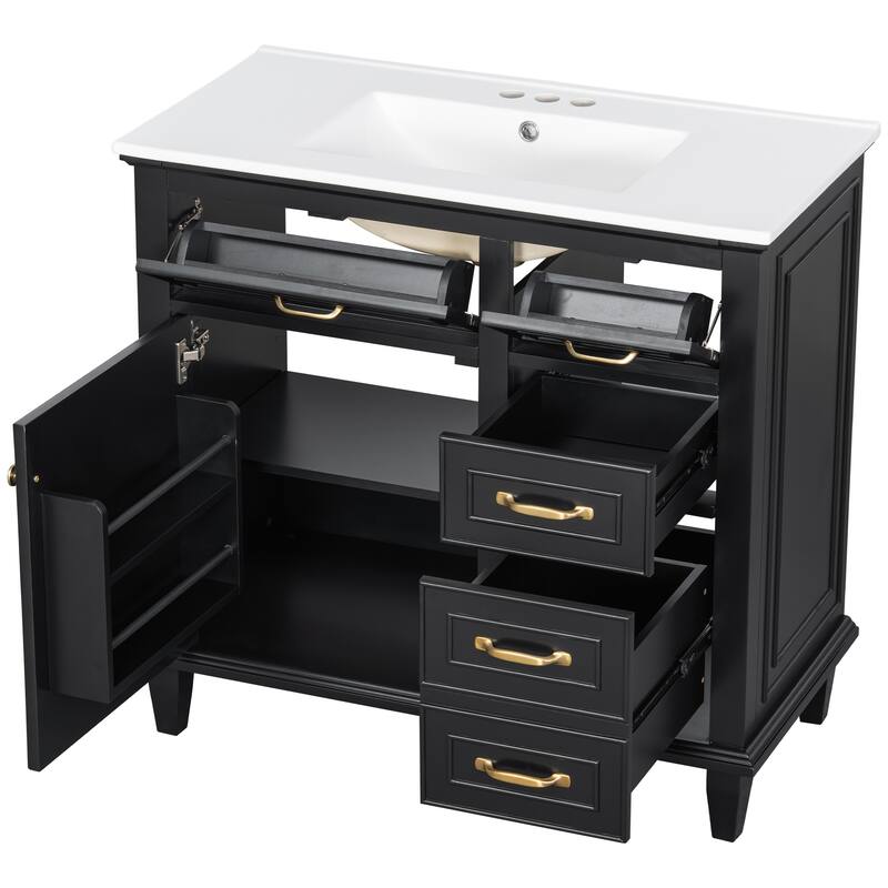 Roomfitters 36" Bathroom Vanity with Sink, Solid Wood Frame, 2 Flip Drawers & Soft-Close Cabinet with Door Rack