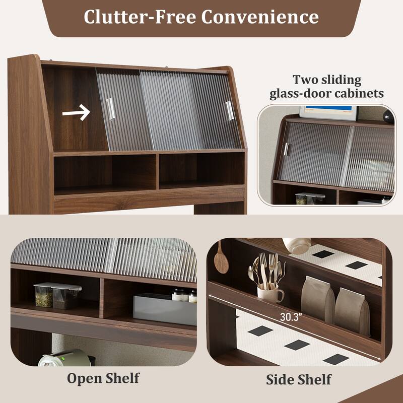 2-in-1 Buffet with Hutch and Foldable Dining Table, Multifunctional Cupboard with Storage Shelf and Side Hooks