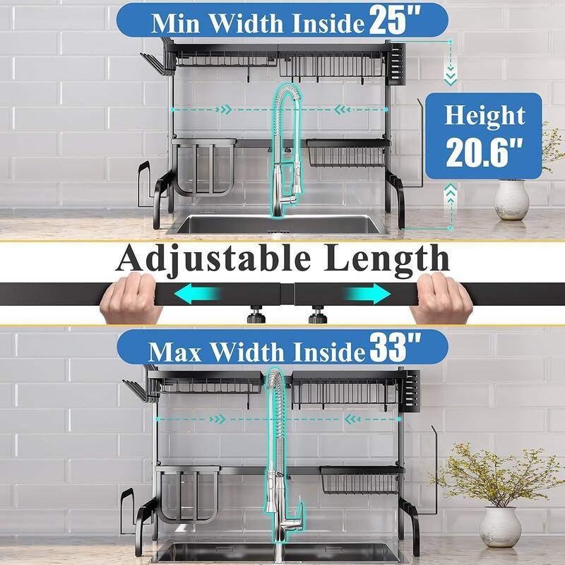 Adjustable double-layer metal steel dish drying rack above the sink, with hooks, paper towel holder, and dish cup holder.