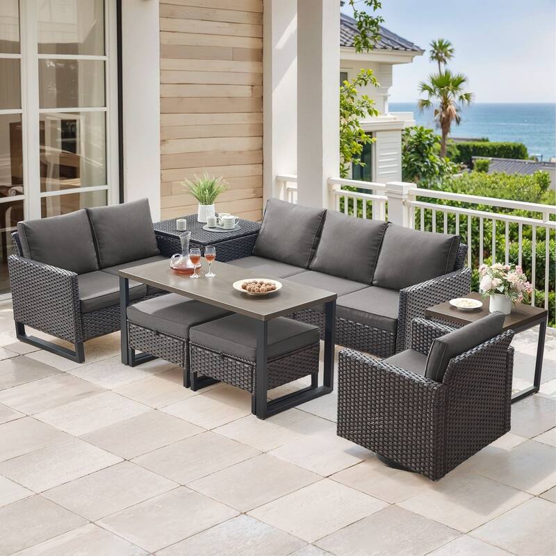 Gymojoy 6-8 Person All-Weather Wicker Outdoor Conversation Set Seating Group With Swivel Chairs And Ottomans