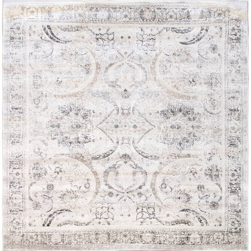 Pasargad Home Turkish Fantasia Design Oriental Area Rug - 6' Square - Ivory/Silver