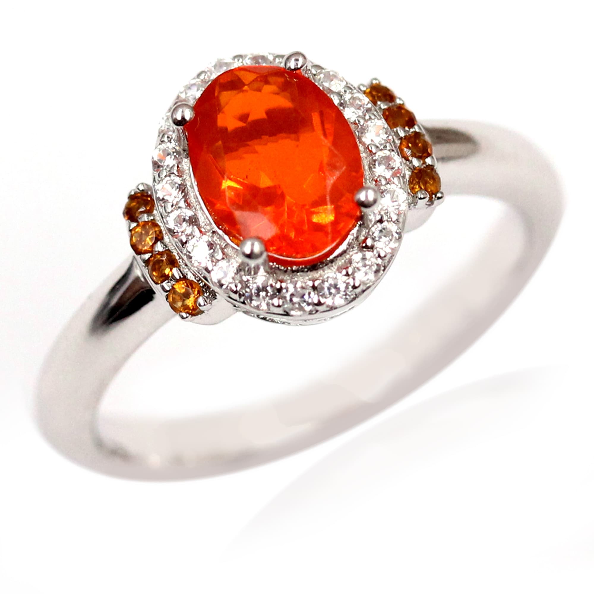 Pinctore 925 Sterling Silver Madeira Orange Opal and White Natural Zircon Ring