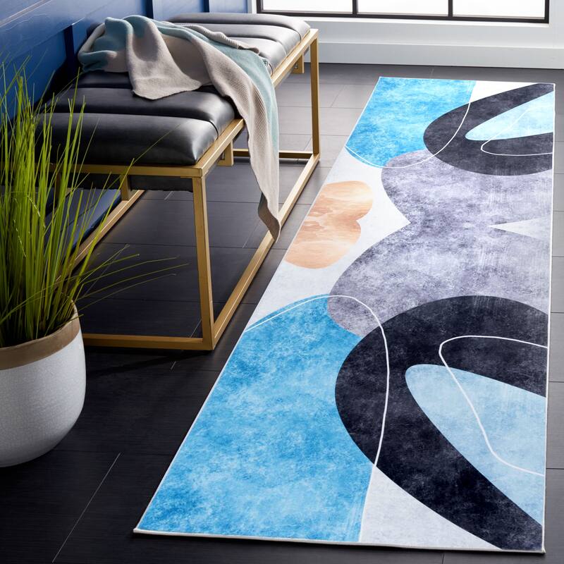 SAFAVIEH Tacoma Machine Washable Slip Resistant Margarette Mid-Century Modern - 2' 6" x 6' - Dark Grey/Turquoise