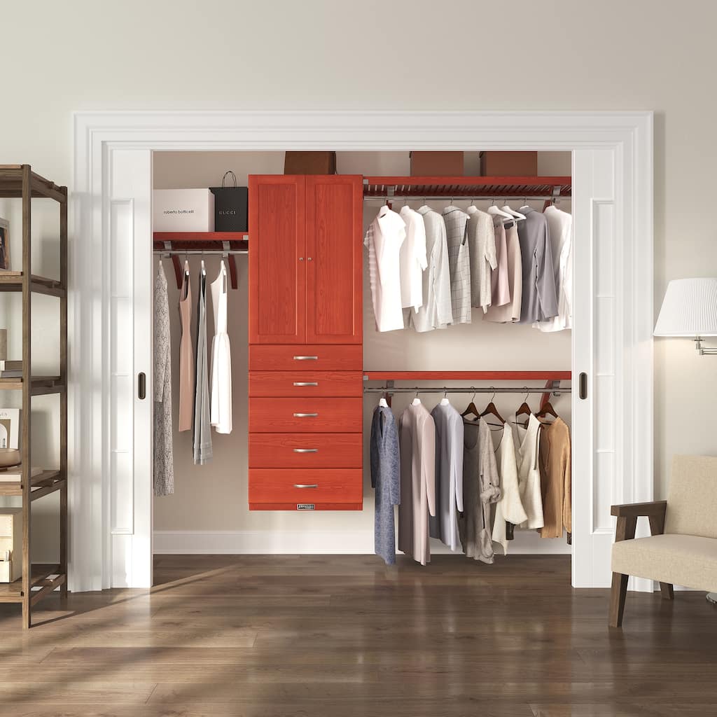John Louis Home Solid Wood Walk-In Closet System with 5-Drawers and Raised Panel Doors Red Mahogany