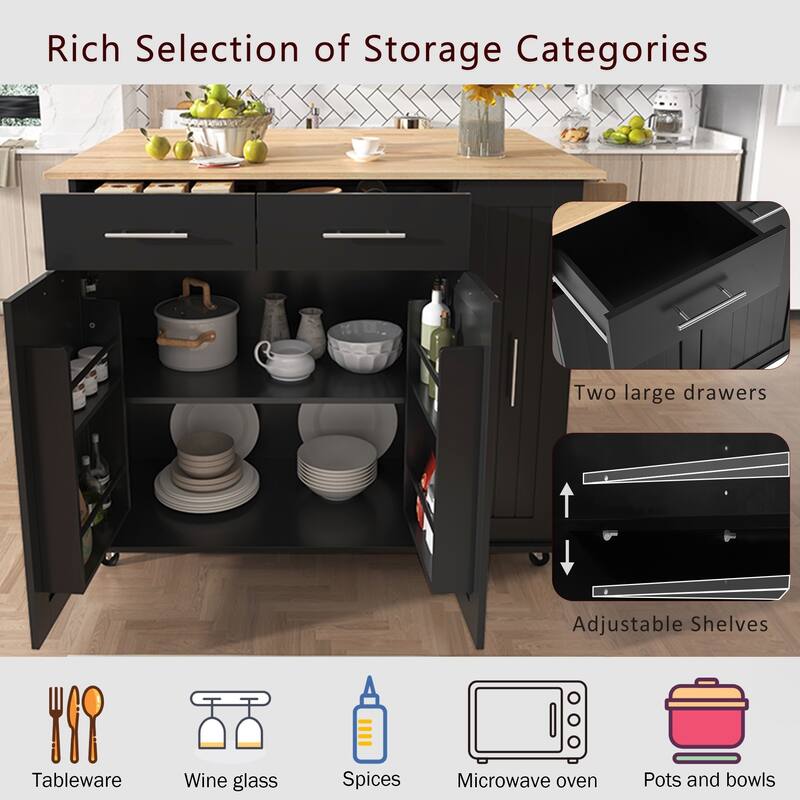 46'' Kitchen Island with Drop Leaf, 3 Tier Pull Out Cabinet Organizer, Towel Rack and 2 Drawers - 46'' x 29.5'' x 37''