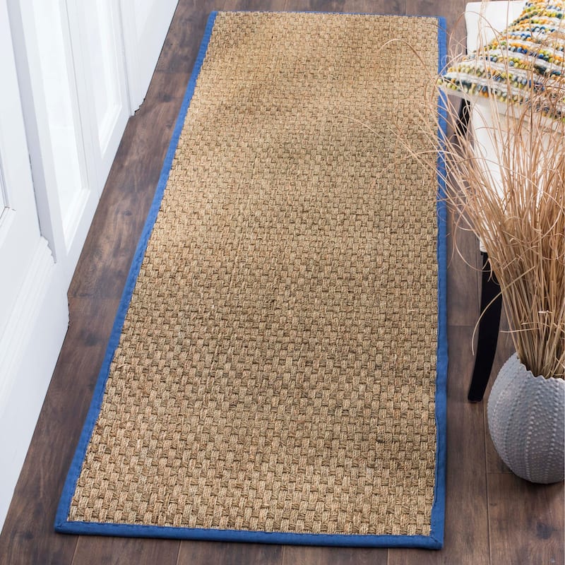 SAFAVIEH Natural Fiber Marina Basketweave Seagrass Rug - 2'6" x 10' Runner - Natural/Navy