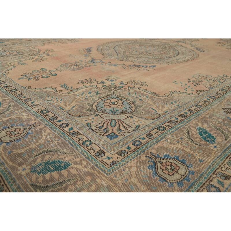 Tabriz Persian Vintage Area Rug Hand-Knotted Orange Wool Carpet - 9'7" x 12'8"