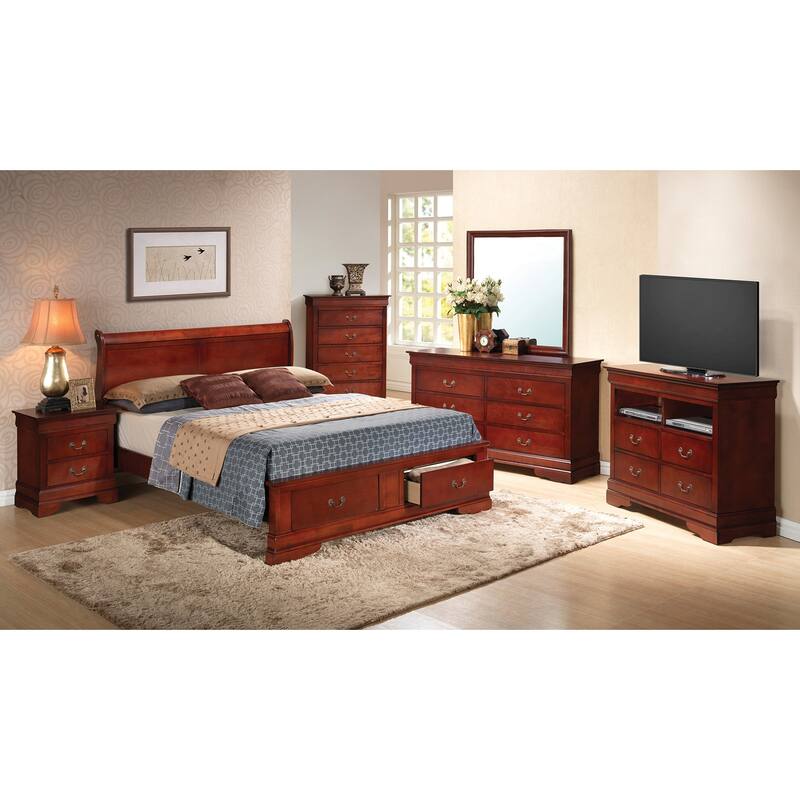 Cherry Sleigh Bed with Storage - Wood Bed Frame & Footboard Drawers - Design