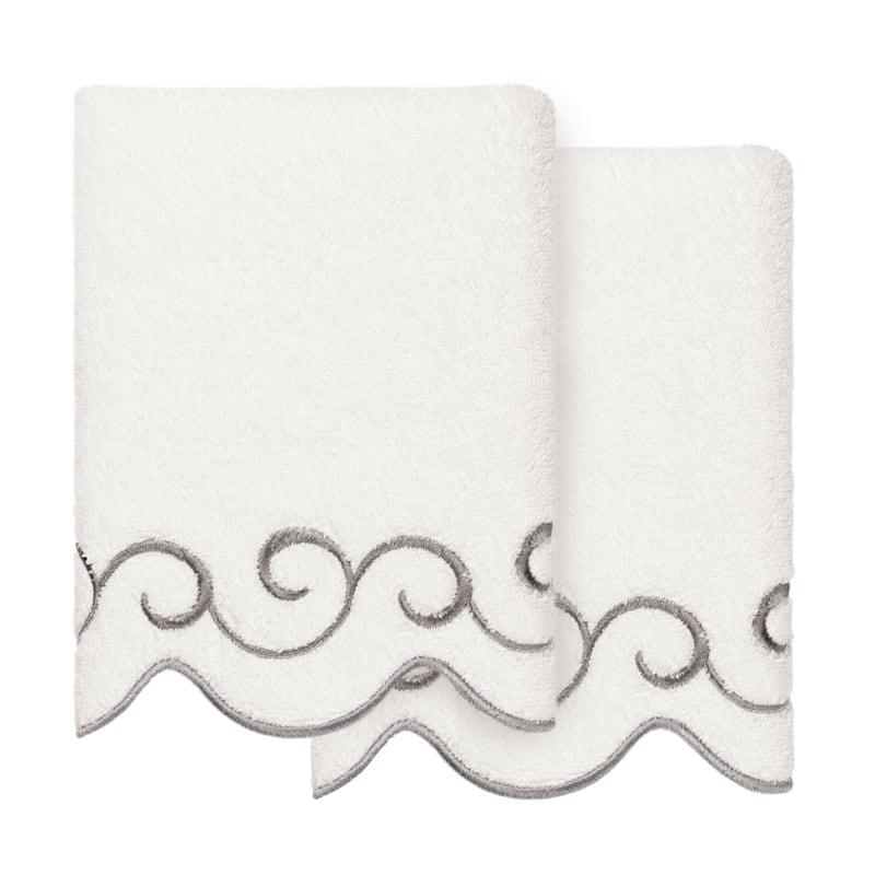Authentic Hotel and Spa 100% Turkish Cotton SIMPLICITY Scallop Embellished Towel Collection - White/Grey - 2 Hand Towels