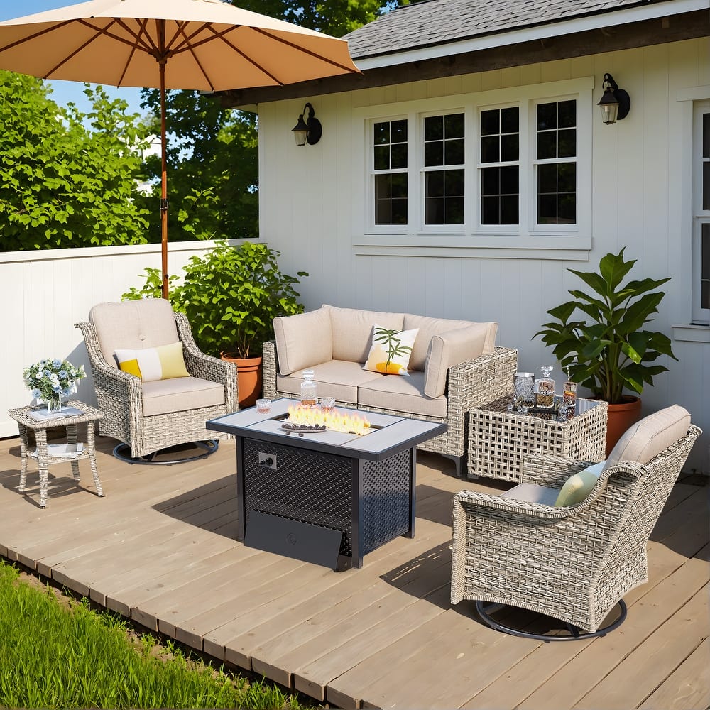 OVIOS 7 Pieces Outdoor Loveseat Swivel Chair Set With Coffee Table & Fire Pit