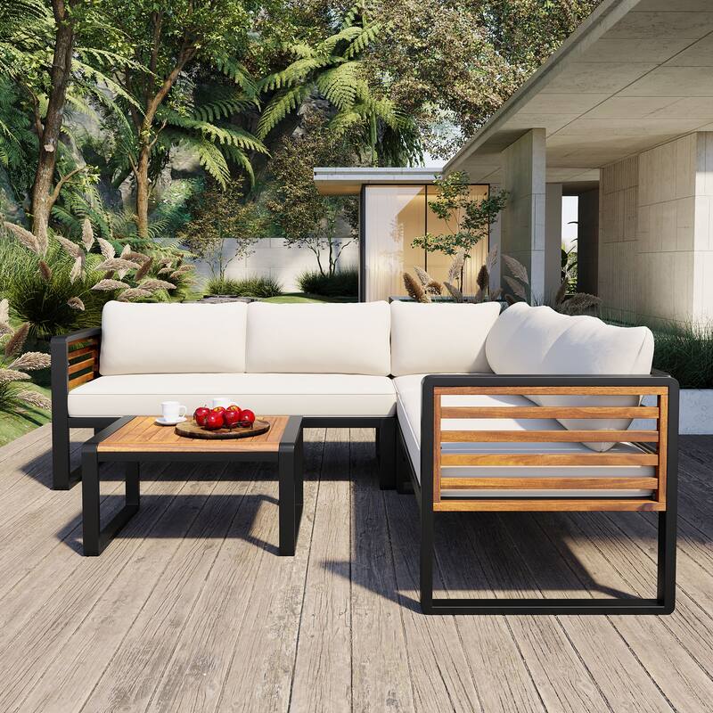 4 Pieces Outdoor Patio Conversation Set, Metal and Wood Frame Sectional L-shaped Sofa with Soft Cushion and Coffee Table