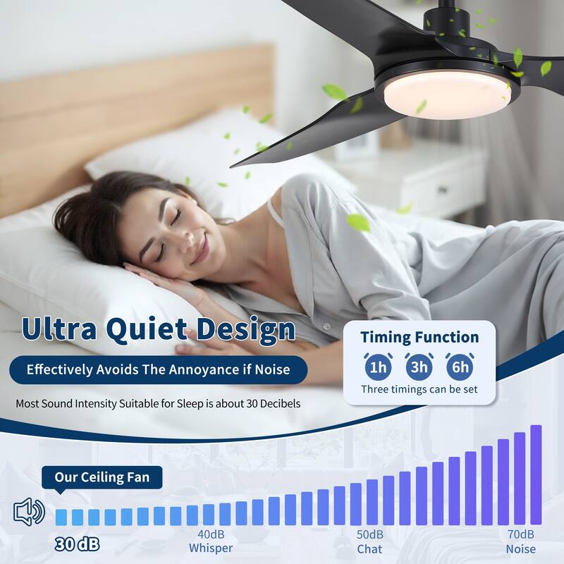 52 Inch Outdoor Waterproof Black Ceiling Fan with Light, IP66 Rated, Quiet Reversible DC Motor, 6 Speeds