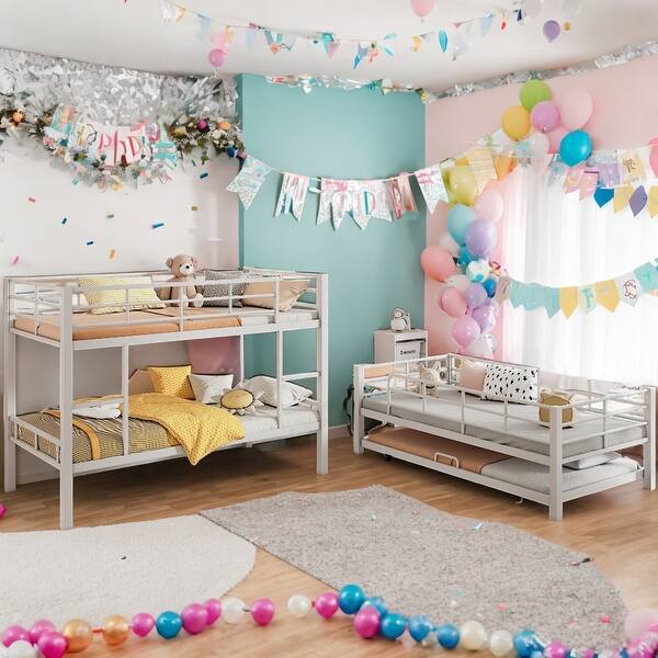 slide 2 of 13, Modern Design Twin Size Triple Bunk Bed With Trundle,Featuring Full-Length Guardrail,Space-Saving,Antique White Antique White