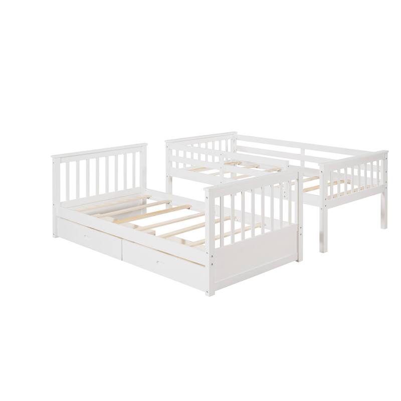 Twin Over Twin Bunk Bed Convertible 2 Platform Beds, Wooden Panel Bed with Ladder, Guardrail and 2 Drawers