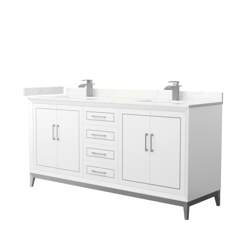 Marlena 72-inch Double Vanity, Quartz Top - White, Nickel Trim, Giotto Quartz Top