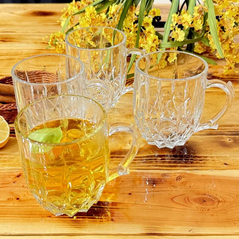 13 oz. Crystal Clear Flower Patterned Glass Mugs for Hot and Cold Beverages