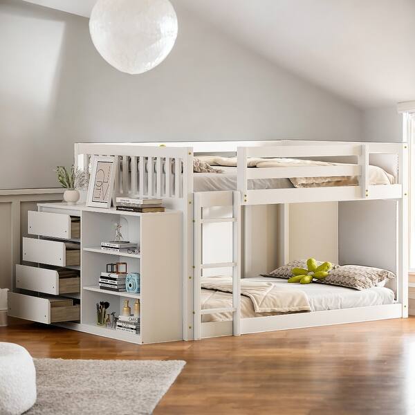 slide 2 of 33, Built-in Design Full over Full Bunk Bed with 4 Drawers and 3 Shelves White