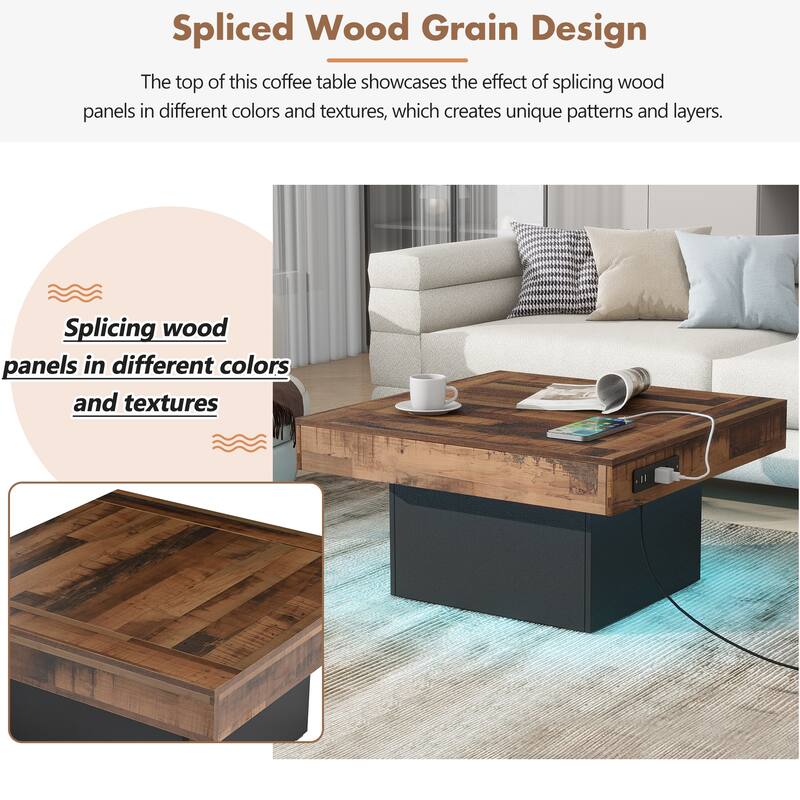 Farmhouse Coffee Table with 2 USB Ports and Outlets, Brown Spliced Wood Grain Center Table with LED Light