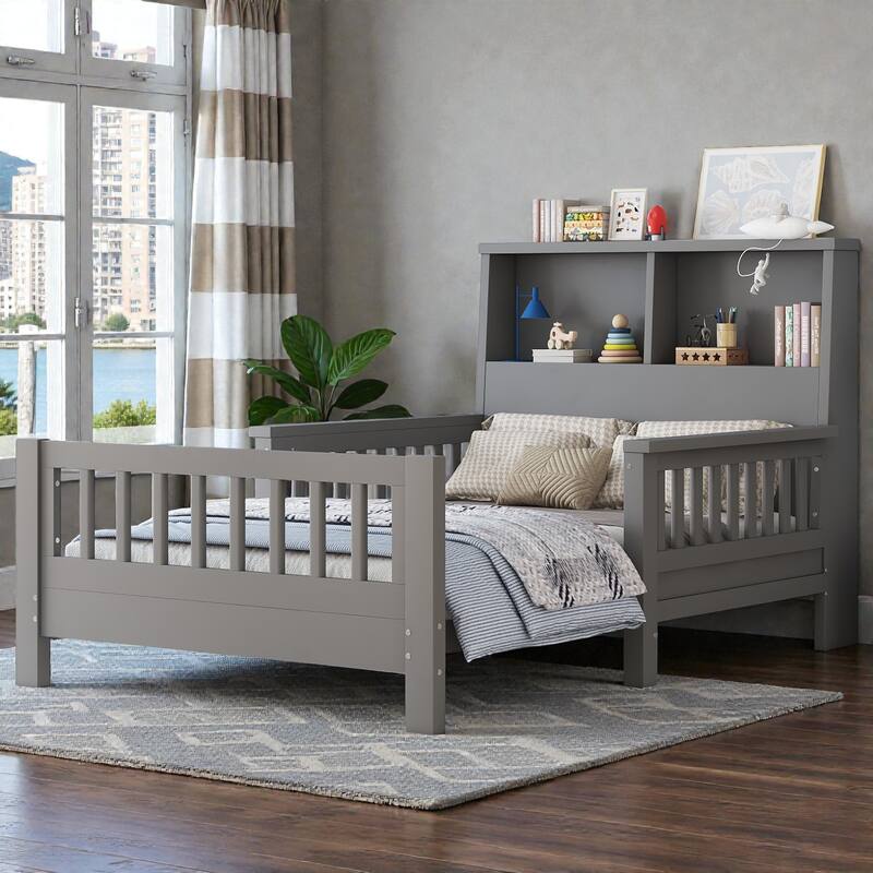 Twin Platform Bed with Storage Headboard, Safety Guardrails and Pull-Out Convertible Sofa/Playpen Design - Grey - Twin