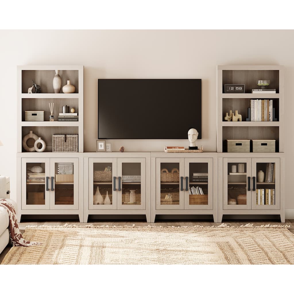 WAMPAT Farmhouse Entertainment Center with Bookshelves, Modular TV Stand with Storage Cabinets & Glass Doors