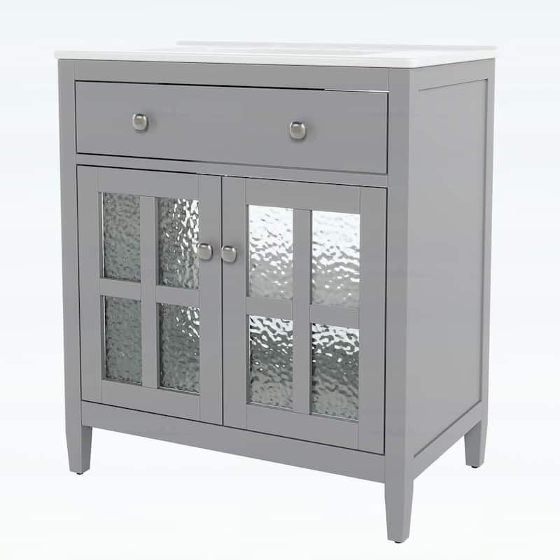 30-Inch Bathroom Vanity with Ceramic Sink,Adjustable Shelf,Tip-Out Tray,Wood Legs
