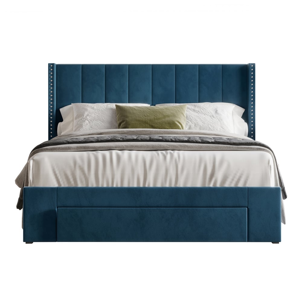 CraftPorch Velvet Wingback Tufted Upholstered Platform Storage Bed