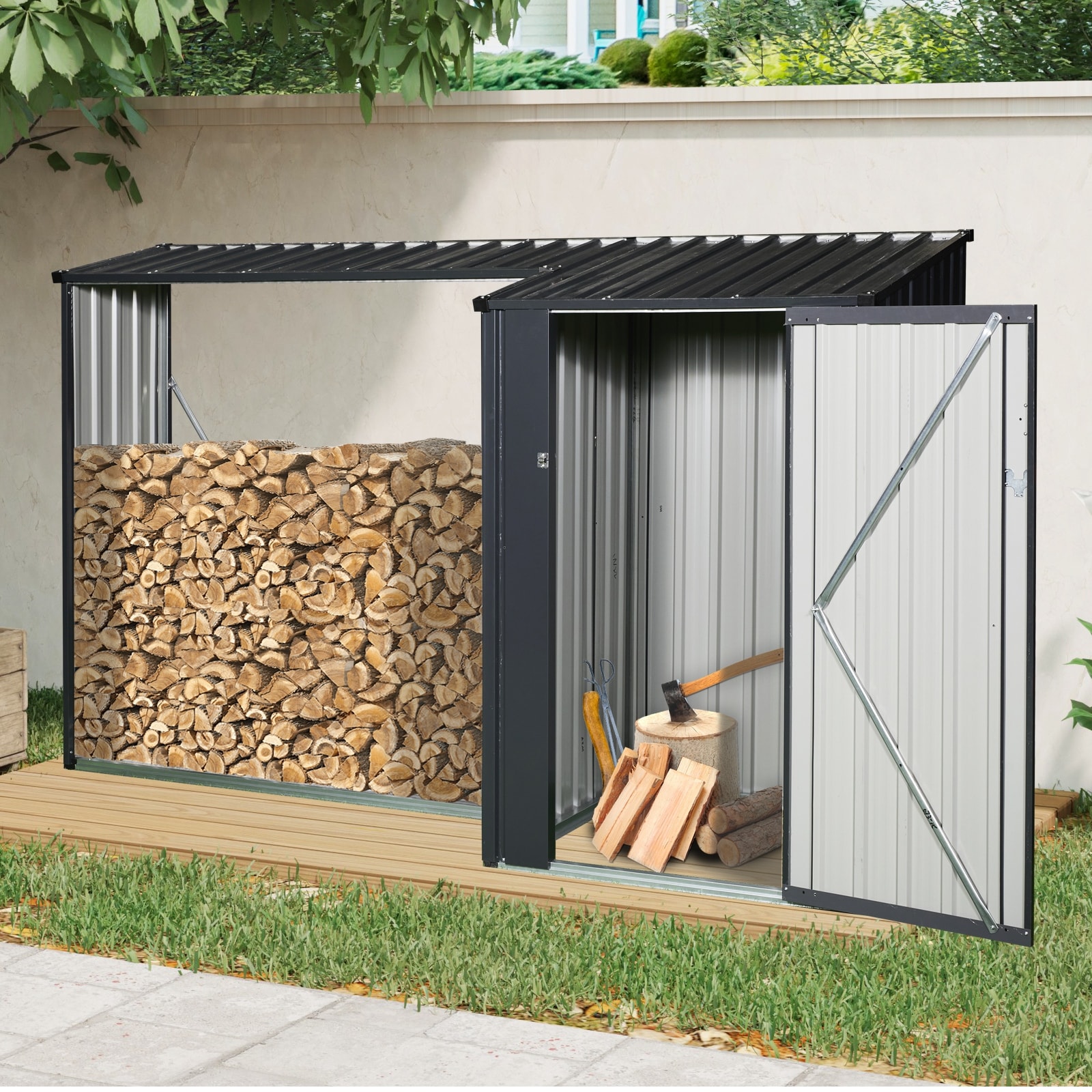 Outdoor Steel Firewood Rack and Metal Storage Shed,Two-In-One